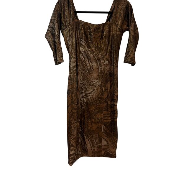 Rene Ruiz Brown Paisley Sequin 3/4 Sleeve Midi Bodycon Dress Sz 8 - Picture 1 of 11